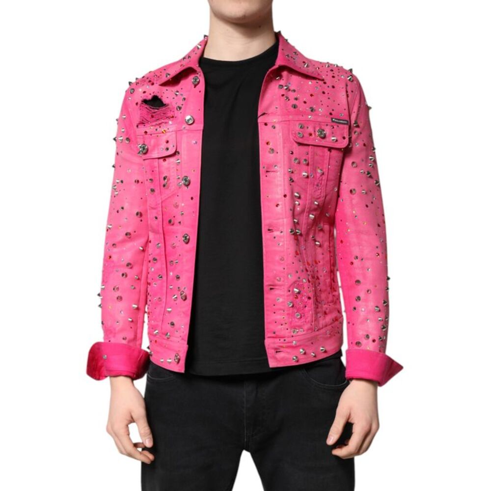 Dolce & Gabbana Pink Crystal Embellished Cotton Denim Men's Jacket
